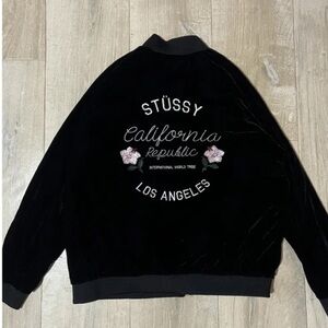Stussy Black Velour Velvet  Floral Embroidered Zip up Women's Jacket nwot